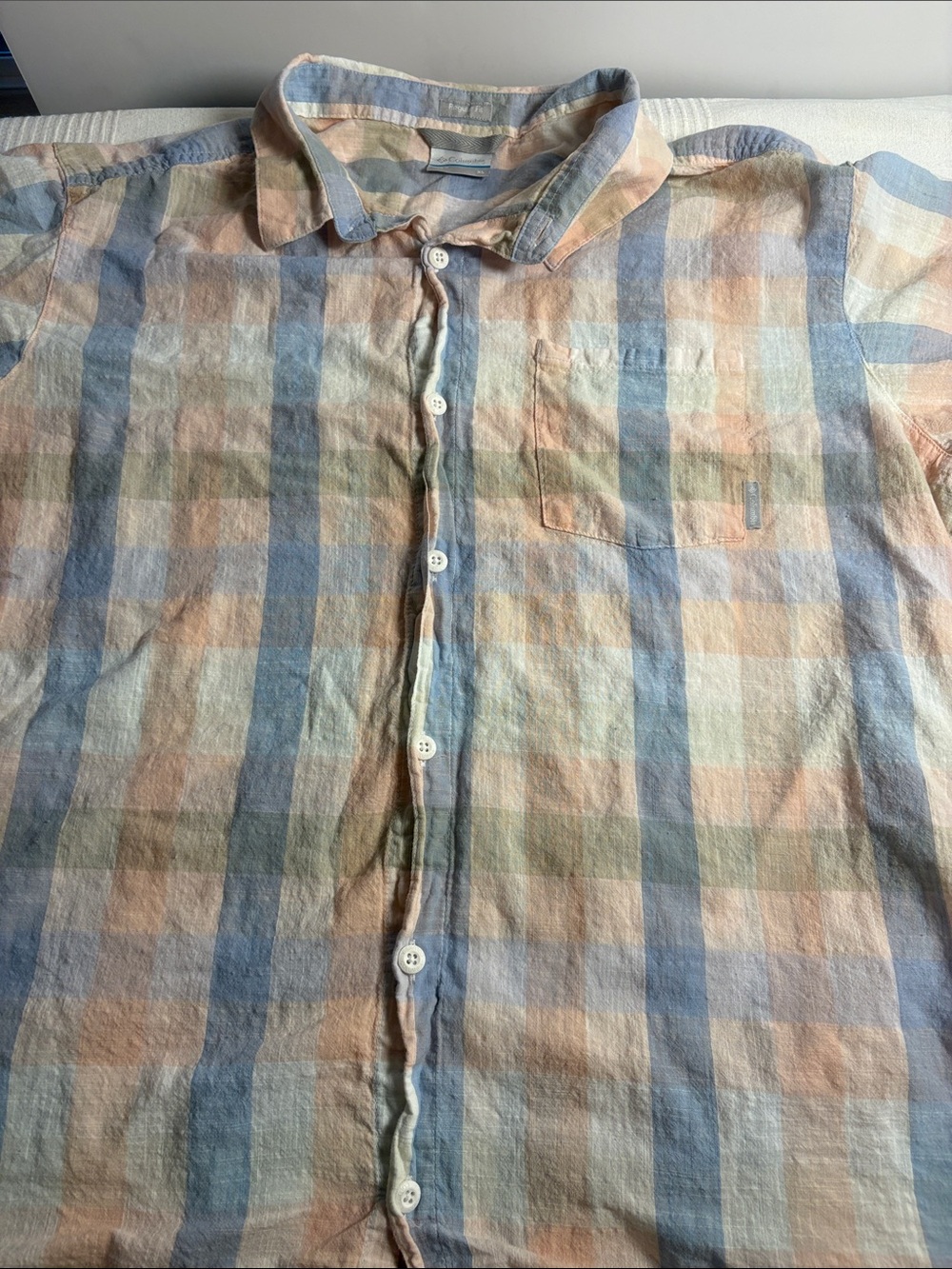 Columbia Men's Plaid Button-Down Shirt in Light Blue, Peach & Sage